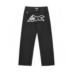 BBC Flying Dog ICECREAM American High Street Printed Jeans, Men Loose Straight Casual Pants