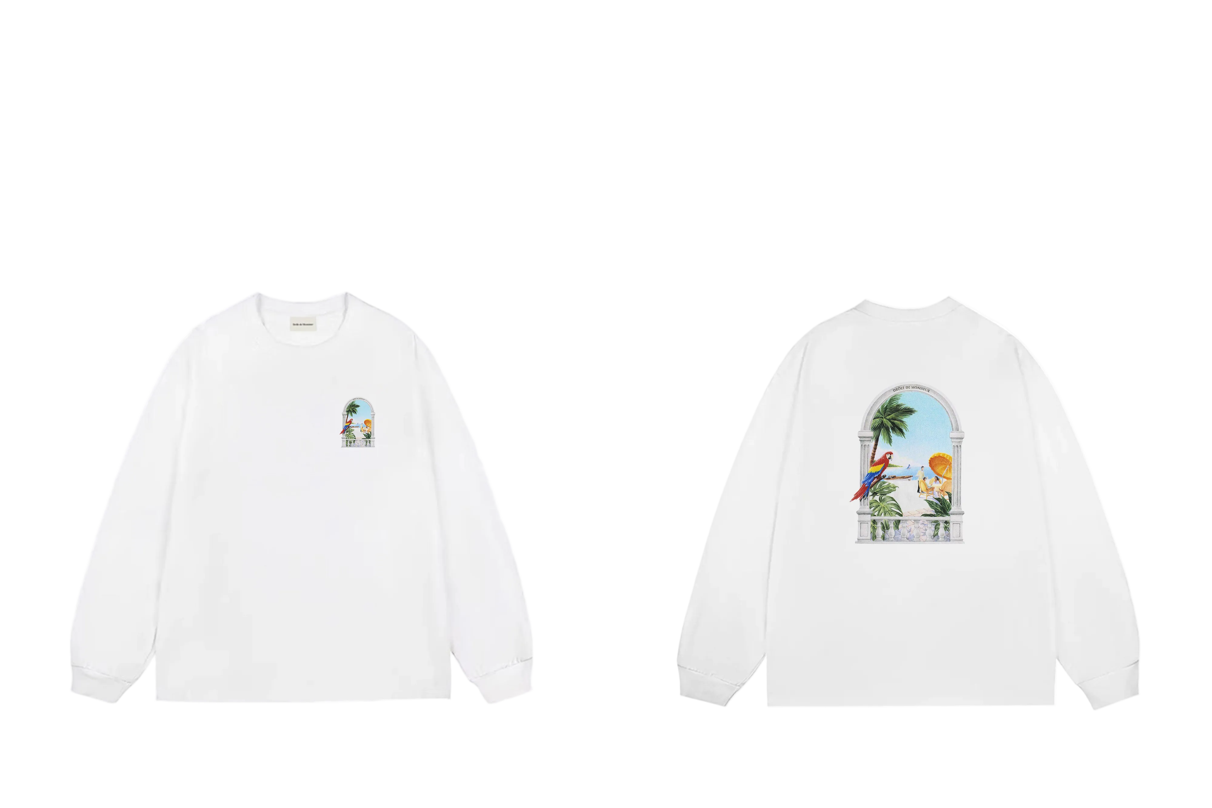 Drôle de Monsieur White Tropical Window Arch Graphic Print Long Sleeve Crewneck Sweatshirt