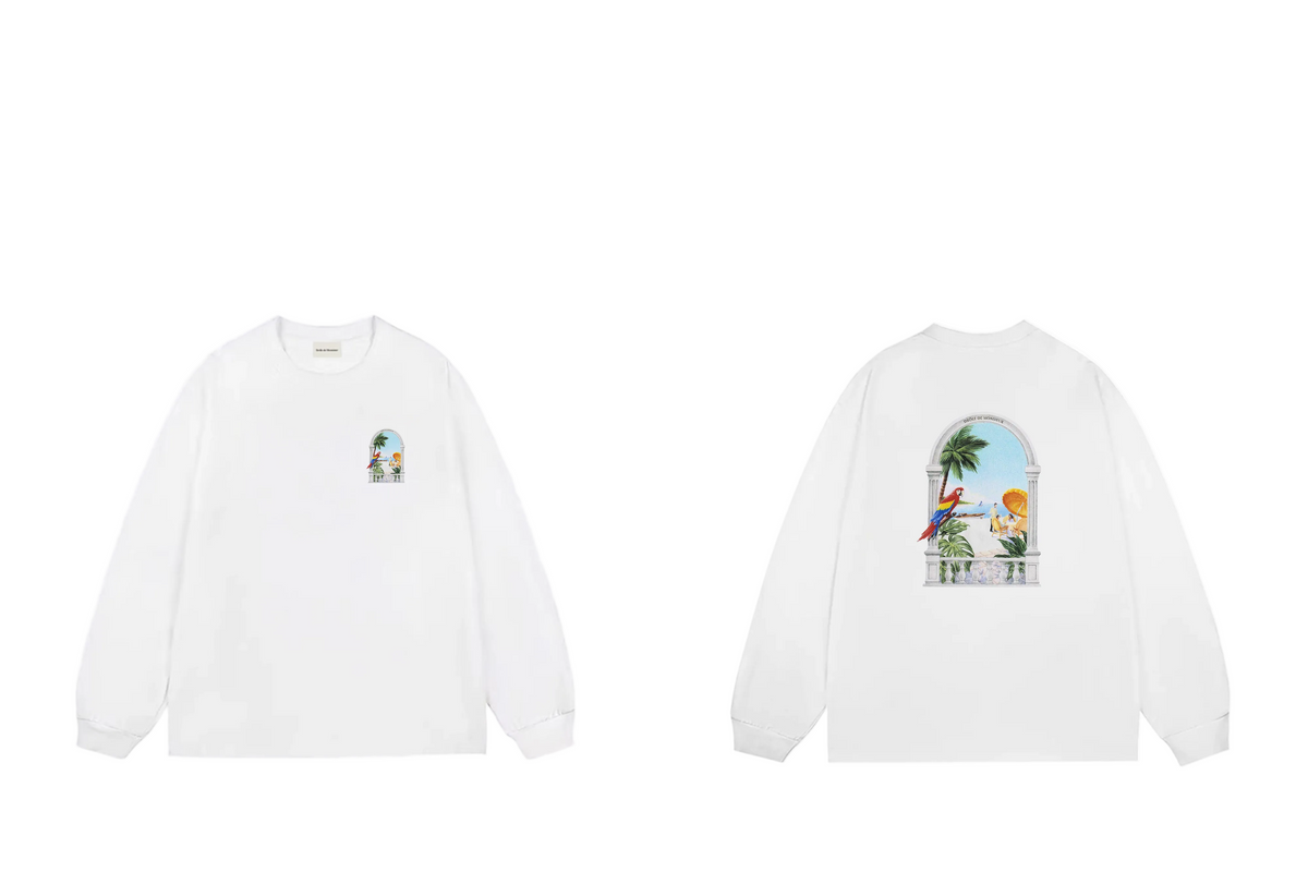 Drôle de Monsieur White Tropical Window Arch Graphic Print Long Sleeve Crewneck Sweatshirt