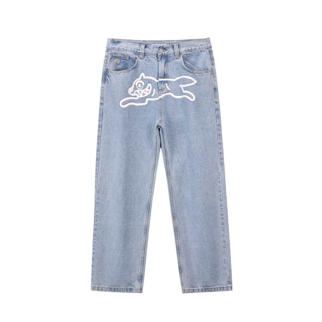 BBC Flying Dog ICECREAM American High Street Printed Jeans, Men Loose Straight Casual Pants