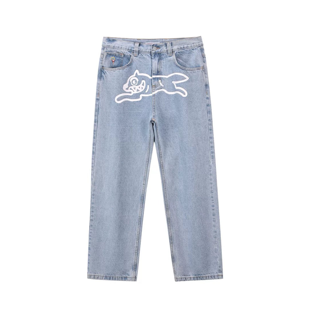 BBC Flying Dog ICECREAM American High Street Printed Jeans, Men Loose Straight Casual Pants