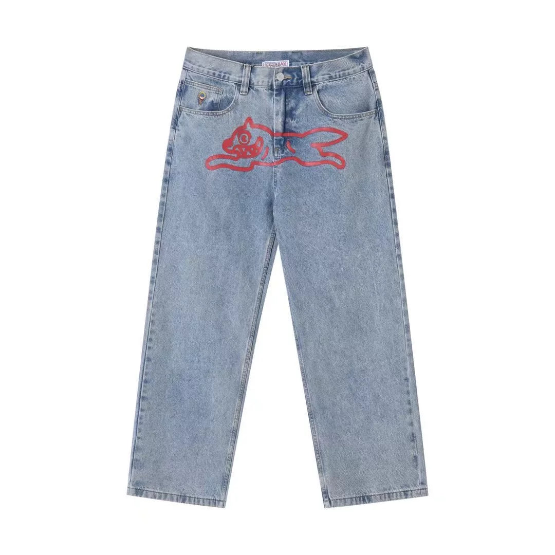 BBC Flying Dog ICECREAM American High Street Printed Jeans, Men Loose Straight Casual Pants