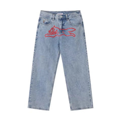 BBC Flying Dog ICECREAM American High Street Printed Jeans, Men Loose Straight Casual Pants