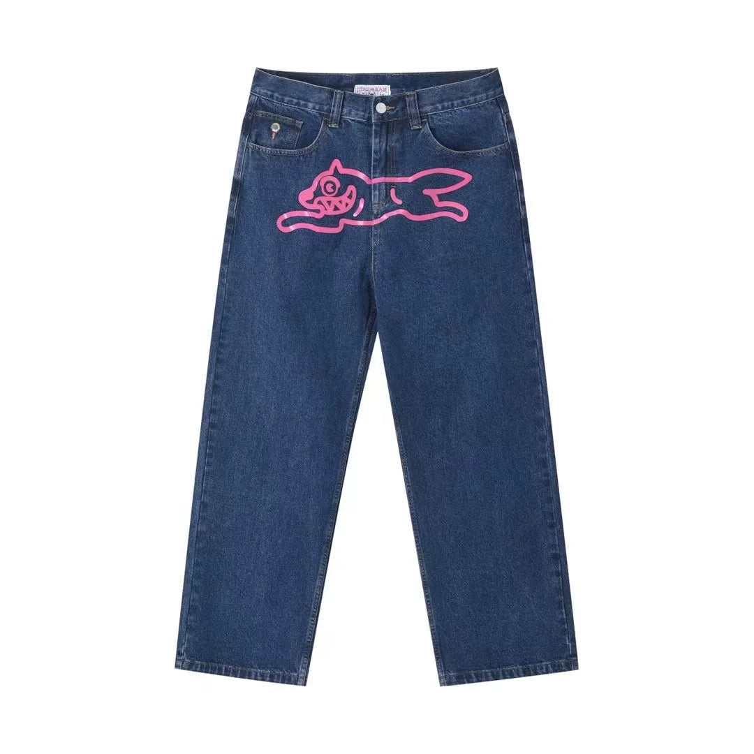 BBC Flying Dog ICECREAM American High Street Printed Jeans, Men Loose Straight Casual Pants