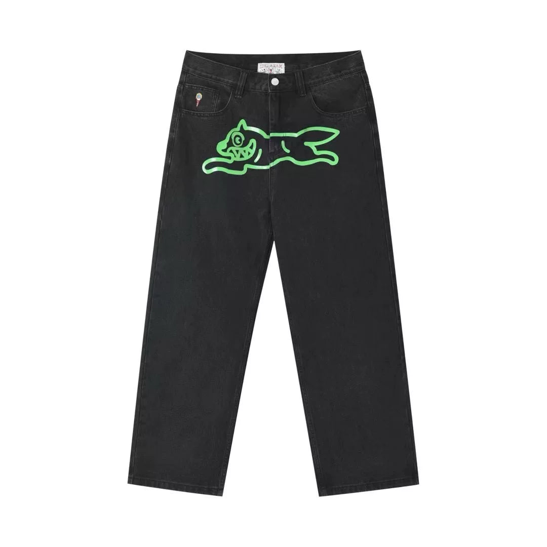 BBC Flying Dog ICECREAM American High Street Printed Jeans, Men Loose Straight Casual Pants