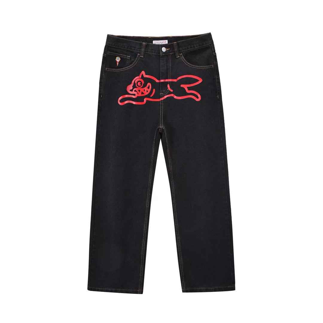 BBC Flying Dog ICECREAM American High Street Printed Jeans, Men Loose Straight Casual Pants