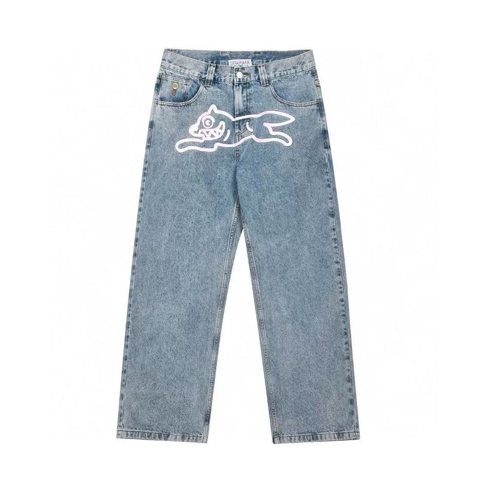 BBC Flying Dog ICECREAM American High Street Printed Jeans, Men Loose Straight Casual Pants