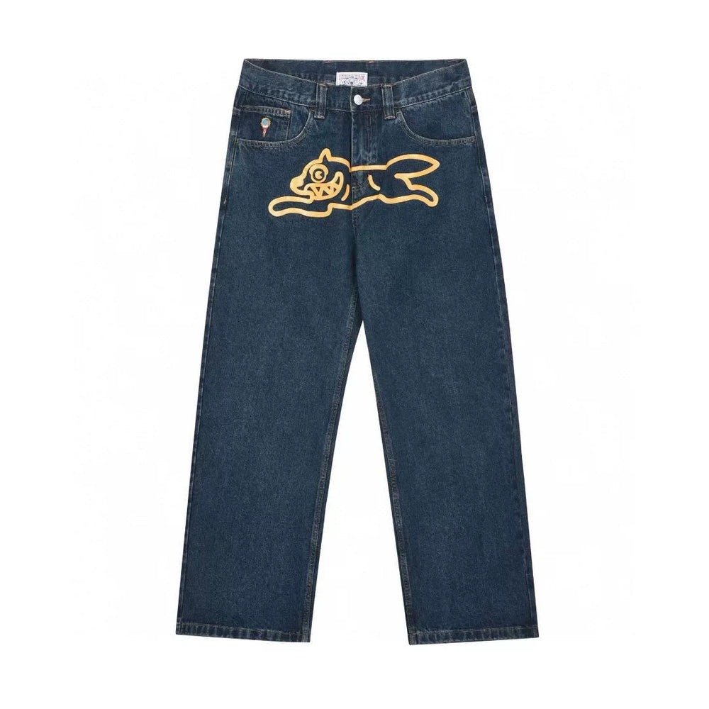 BBC Flying Dog ICECREAM American High Street Printed Jeans, Men Loose Straight Casual Pants