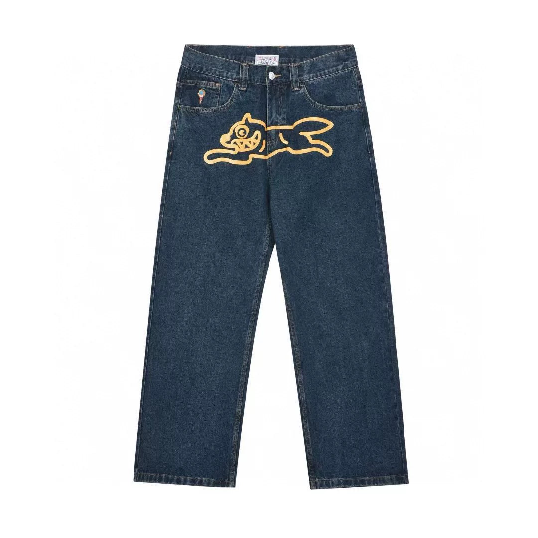 BBC Flying Dog ICECREAM American High Street Printed Jeans, Men Loose Straight Casual Pants